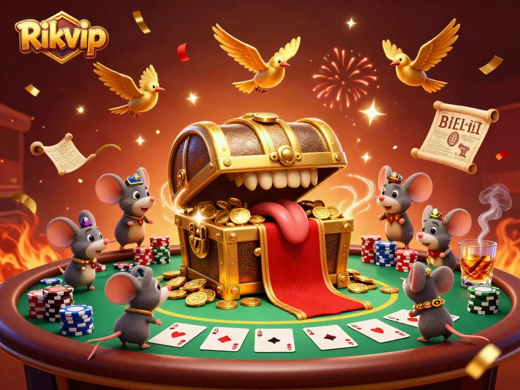 Experience thrilling poker action with Rikvip in an engaging 3D illustration full of vibrant casino elements.
