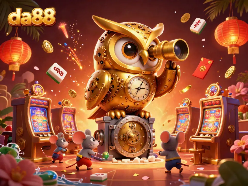 Experience excitement at da88 with a golden owl overseeing a bustling casino scene filled with vibrant characters and game elements.