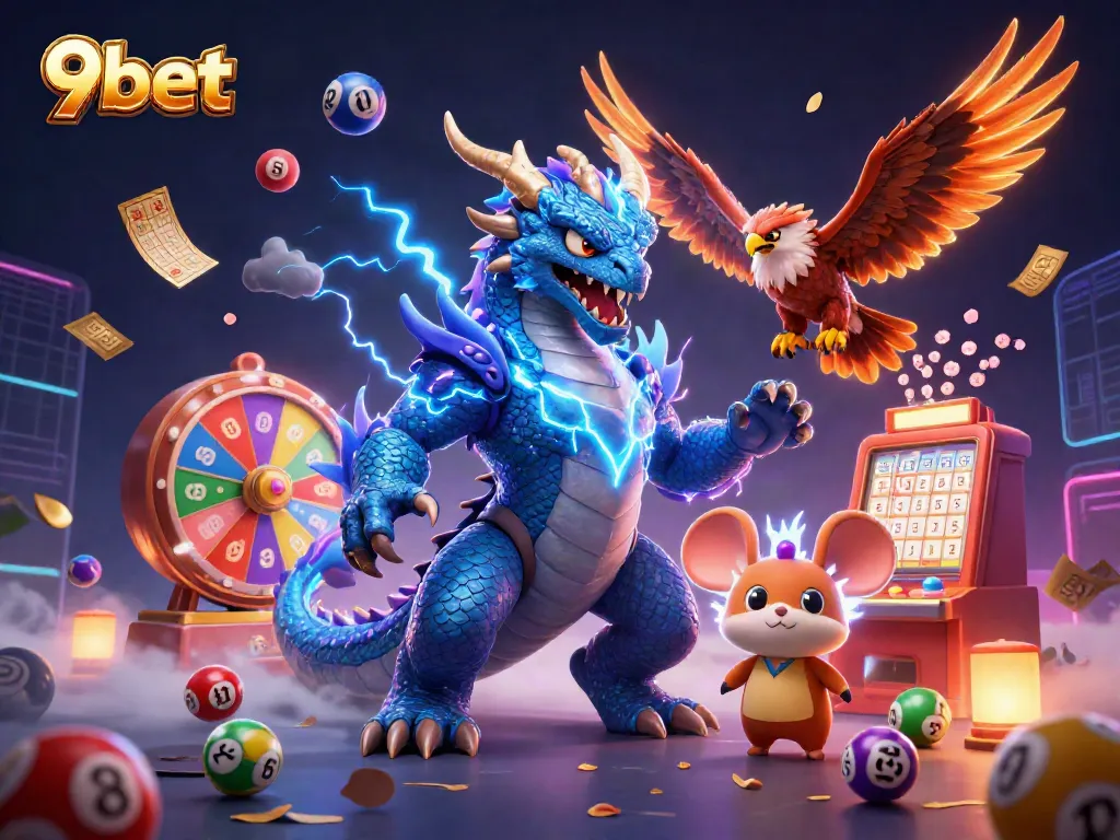 Experience big wins at 9bet with vibrant lottery elements and dynamic casino graphics.