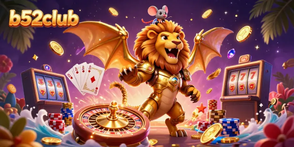 B52club showcases an exciting casino scene with golden coins and a 3D chimera for an engaging gaming experience.