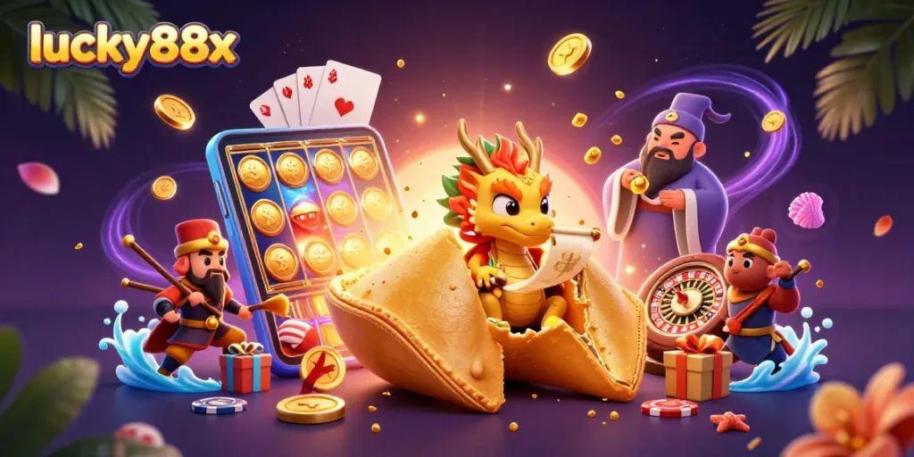 Experience exciting gameplay with lucky88x as a dragon examines its fortune inside a golden cookie.