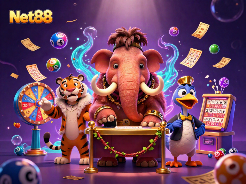 Experience exciting gaming at Net88 with vibrant lottery scenes and dynamic characters.