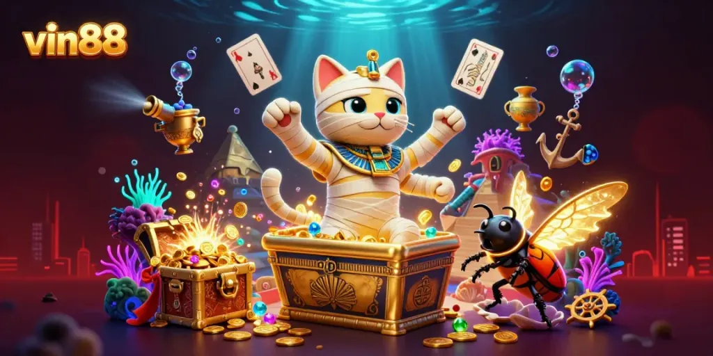 Experience the thrilling world of vin88 with a vibrant casino illustration featuring a mummy cat and treasure elements.