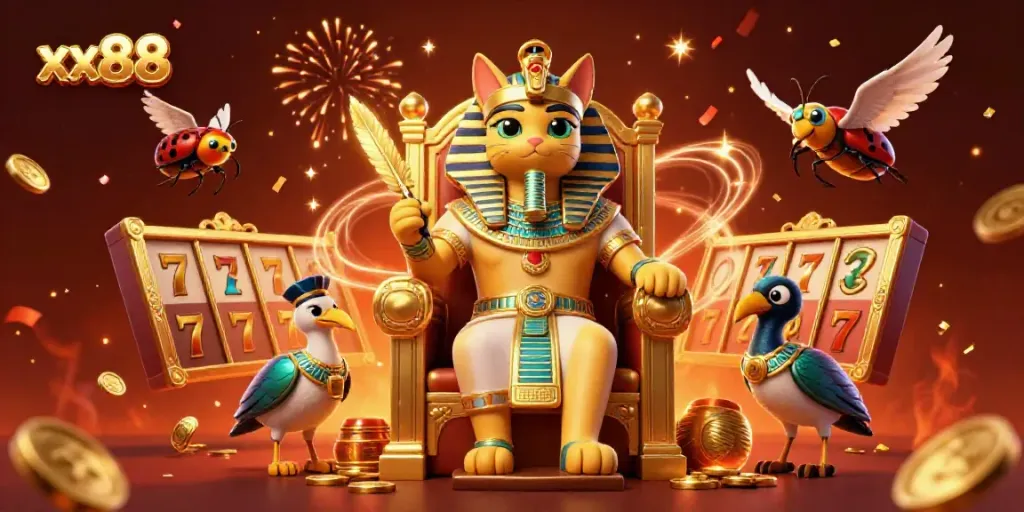 Engage with thrilling xx88 casino adventure featuring a cartoon Egyptian pharaoh cat and vibrant slot symbols.