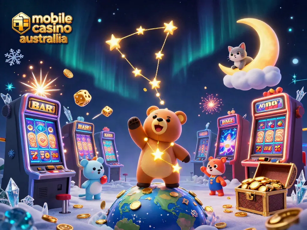 Engage with mobile casino Australia excitement through vibrant 3D illustration showcasing immersive gaming elements.