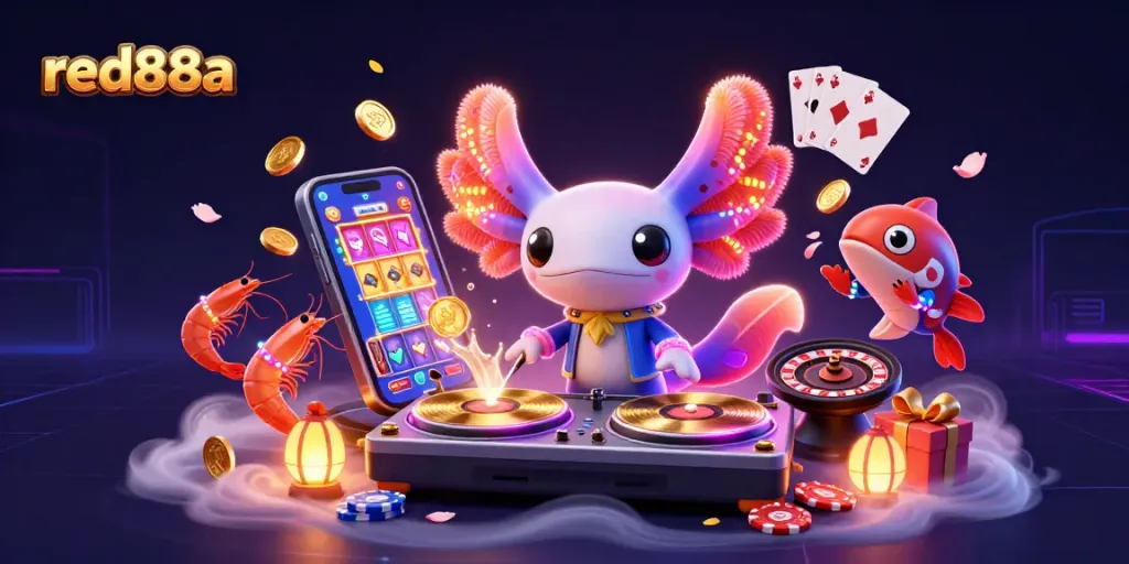 Engage in thrilling gaming at red88a with vibrant slot games and dynamic characters in a neon underwater scene.