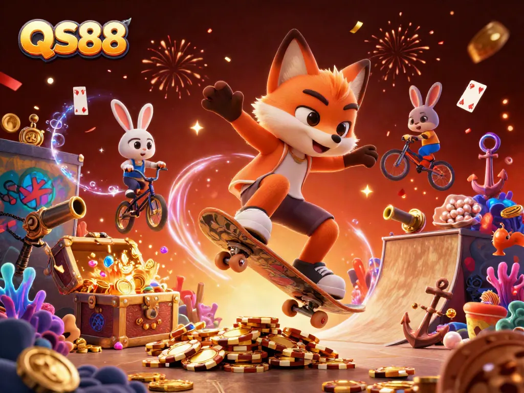 Engage with QS88, featuring a skateboarder fox and BMX rabbit amid lively casino scenes.
