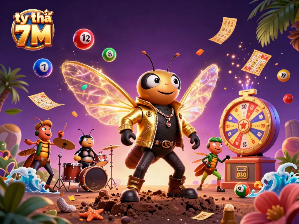Experience the dynamic world of tỷ lệ 7M with vibrant lottery elements and a captivating rock star scene.
