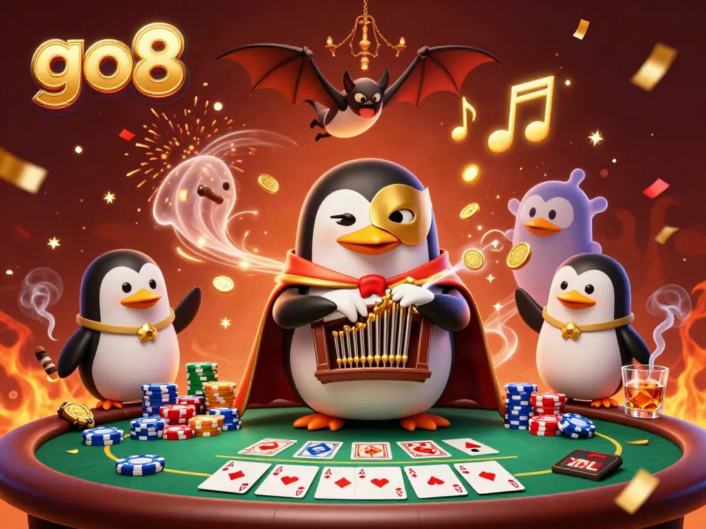 Experience winning poker thrills with the dynamic go8 casino scene featuring a golden penguin organist surrounded by lively games.