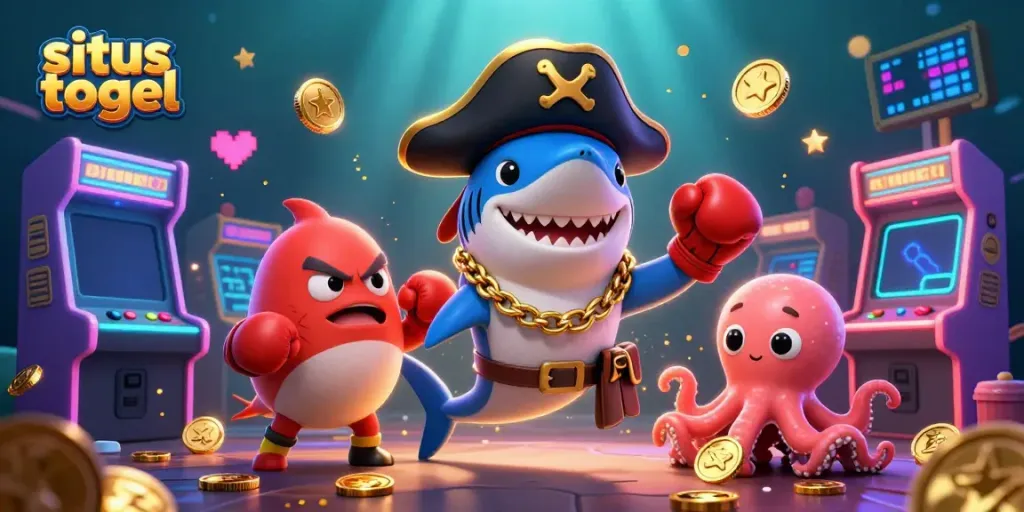 Engage in situs togel excitement with charismatic characters in a vibrant casino-themed underwater scene.