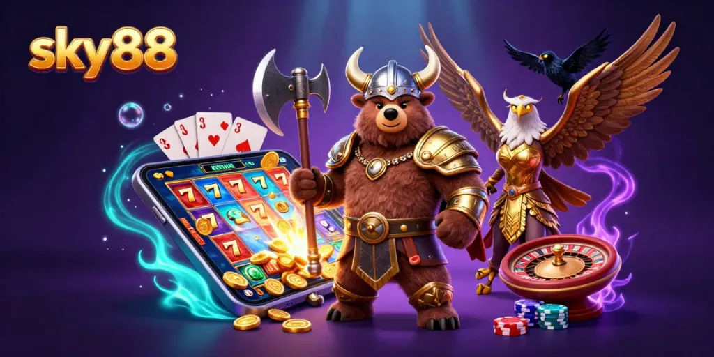 Spin and win with sky88's vibrant slots showcased alongside Viking warriors in a spirited casino scene.