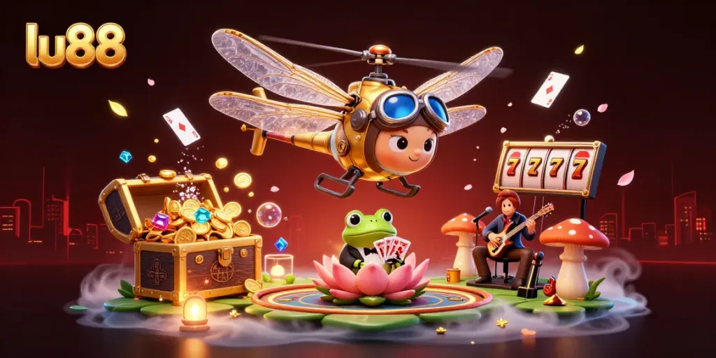 Experience thrilling gameplay at lu88 with a dragonfly pilot and frog dealer in a vibrant casino scene.