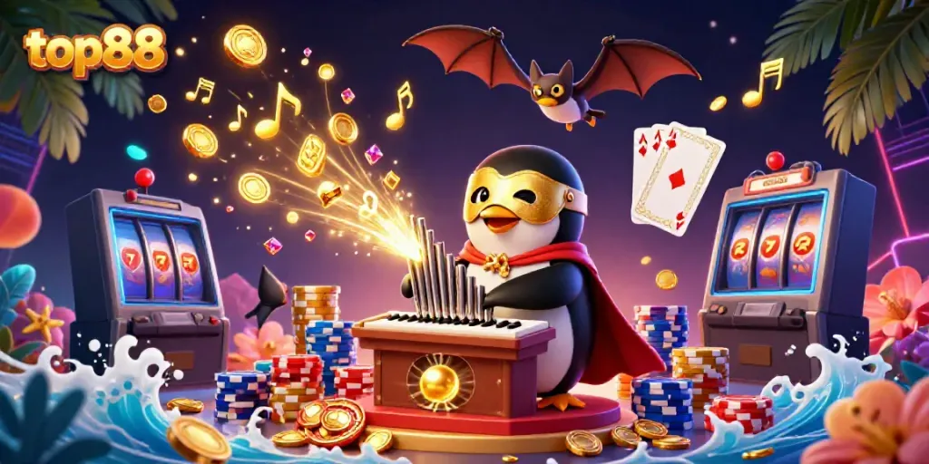 Spin exciting wins at top88 with a 3D cartoon penguin playing an organ pouring out golden coins in a vibrant casino scene.