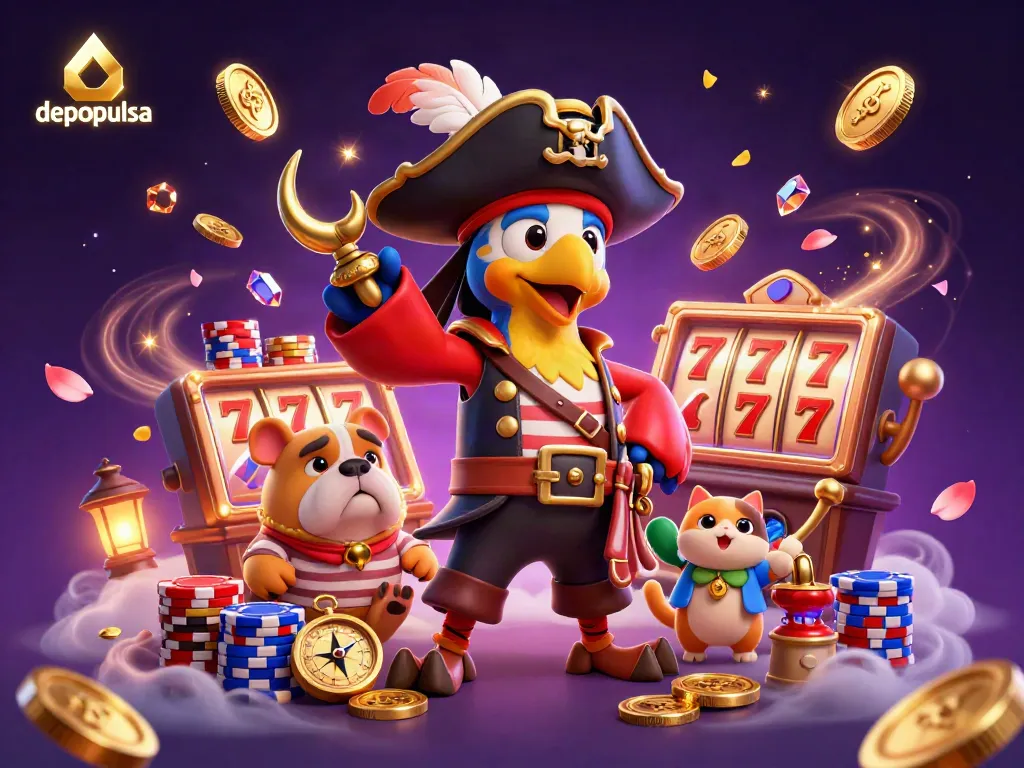 Experience the thrill of depo pulsa with a vibrant, dynamic 3D casino scene featuring pirate characters amidst golden treasures.