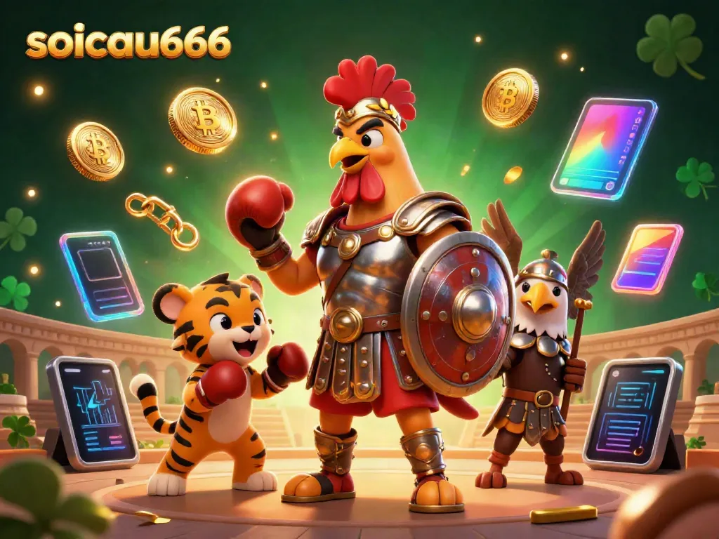 Engage in thrilling action at soicau666 with a dynamic 3D illustration featuring crypto coins and gladiators.