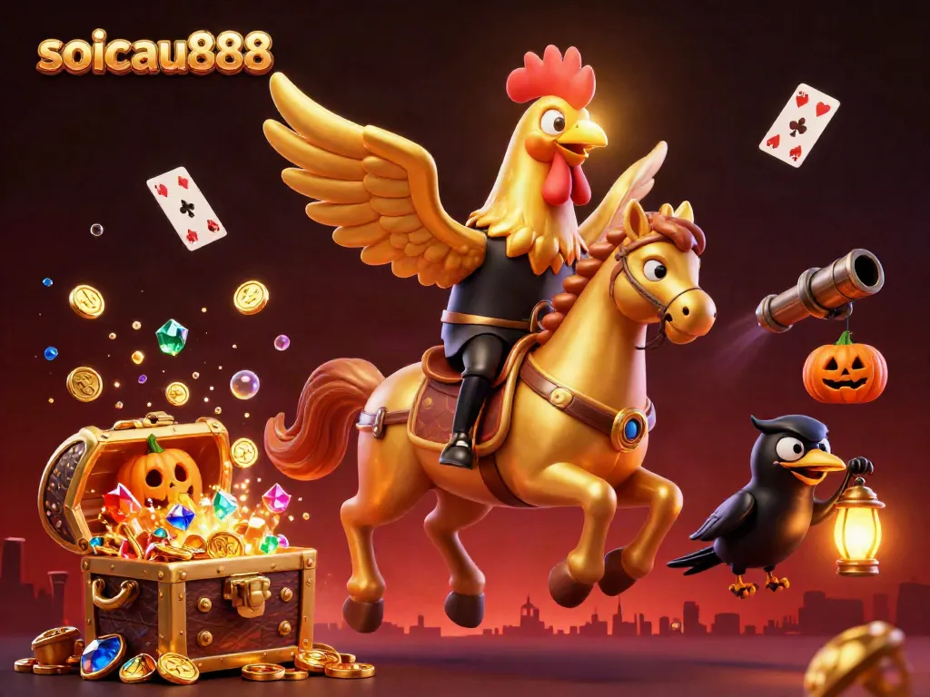 Engage in thrilling gameplay with soicau888, featuring a golden rooster and treasure-filled casino adventure.