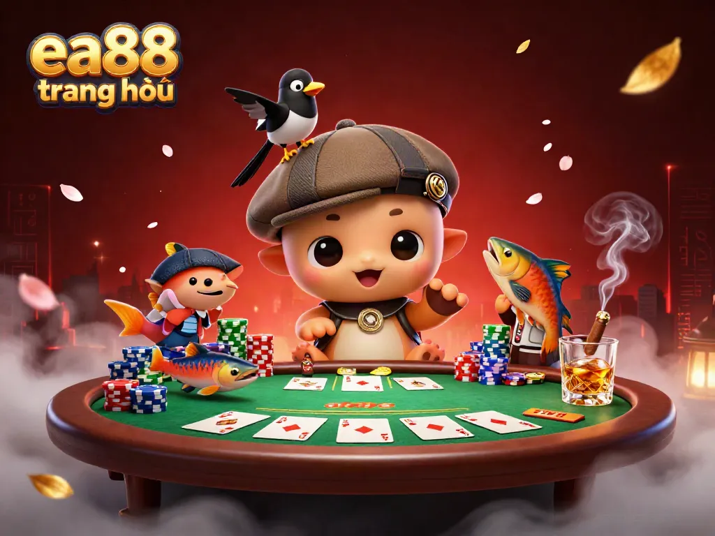 Experience the excitement of ea88 trang chủ with a playful Nessie character amidst a busy poker scene.