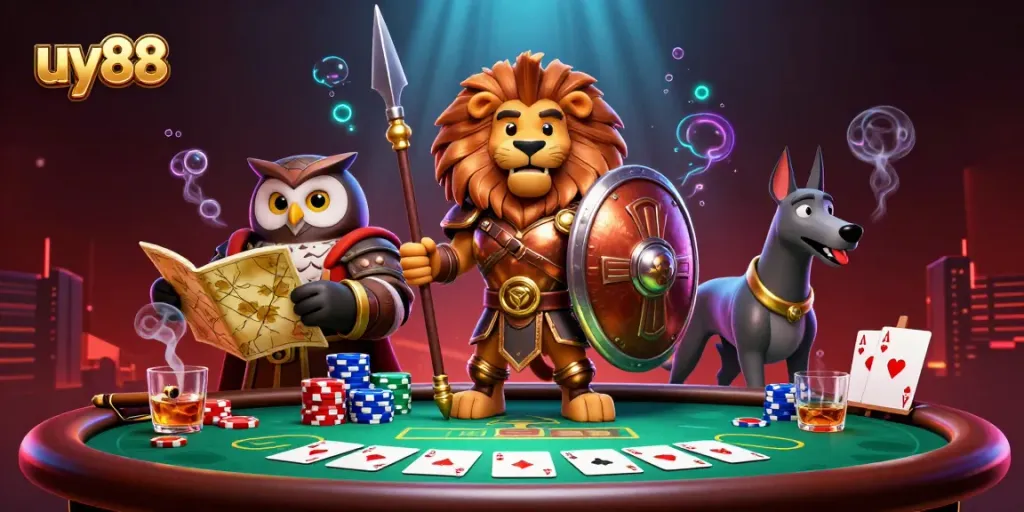 Experience the thrill of uy88 with a vibrant scene featuring a heroic lion, strategic owl, and swift greyhound engaging in intense poker action.