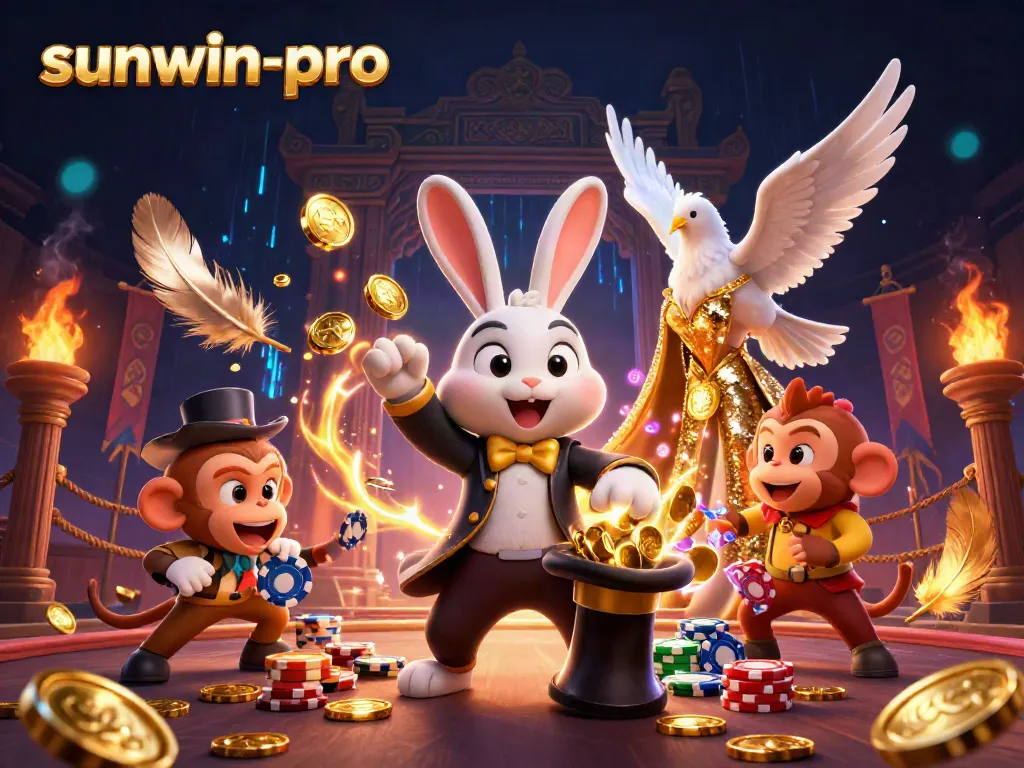 Engaging scene of a magician rabbit and team promoting sunwin-pro with casino elements.