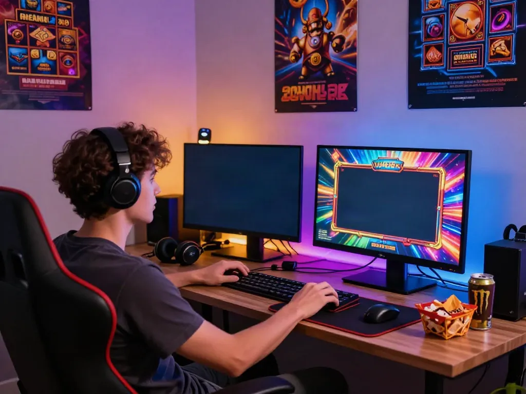 Exciting home gaming setup with slot game on screen, snacks, and LED lights.