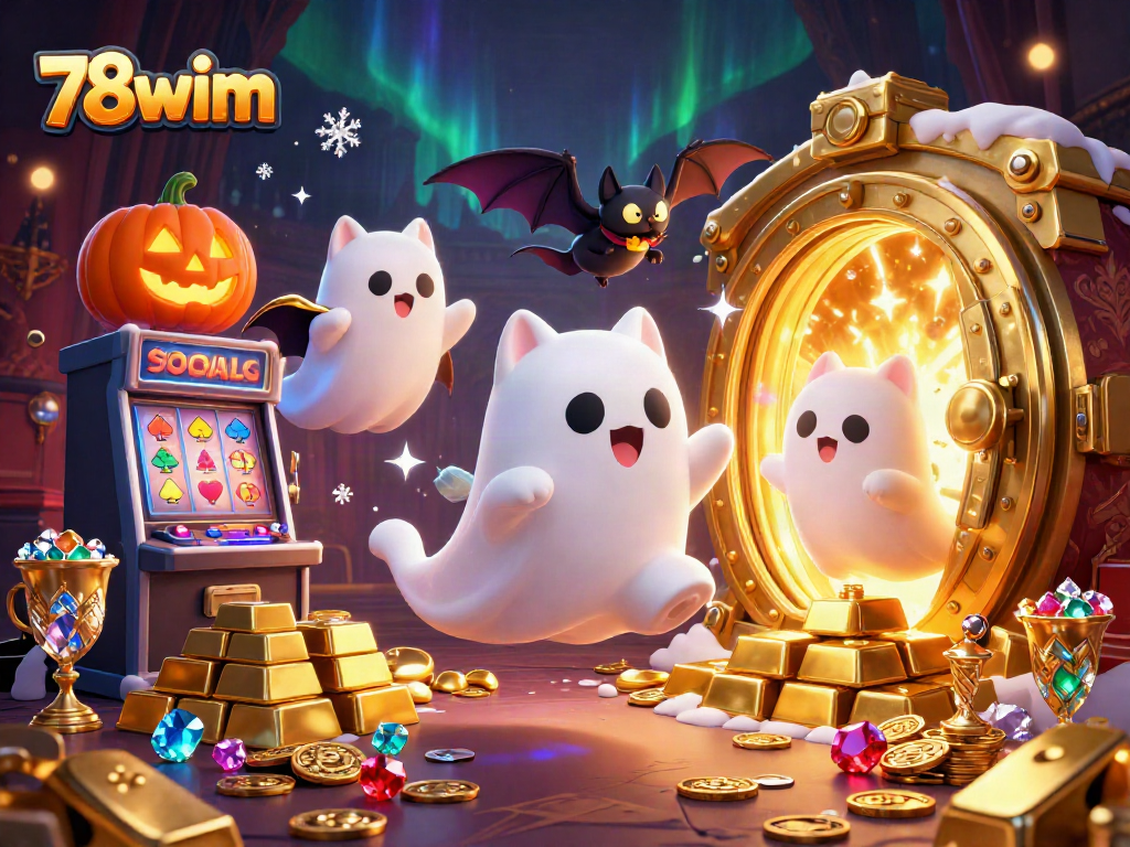 Engage with the 78wim experience as a ghost cat haunts a lively casino scene.