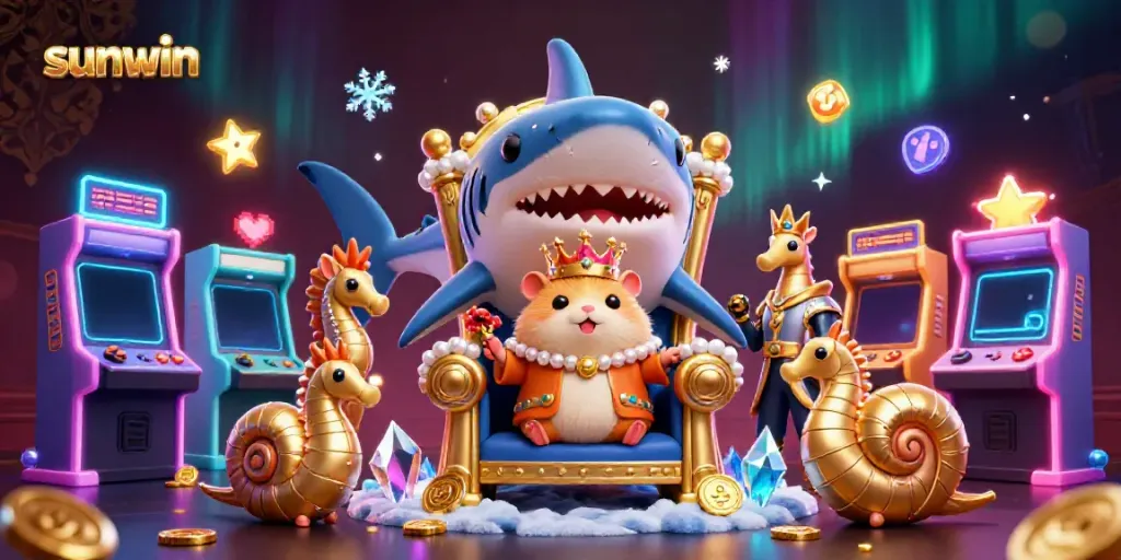 Experience thrilling gaming with sunwin at a vibrant 3D casino featuring an animated sea king and colorful arcade elements.