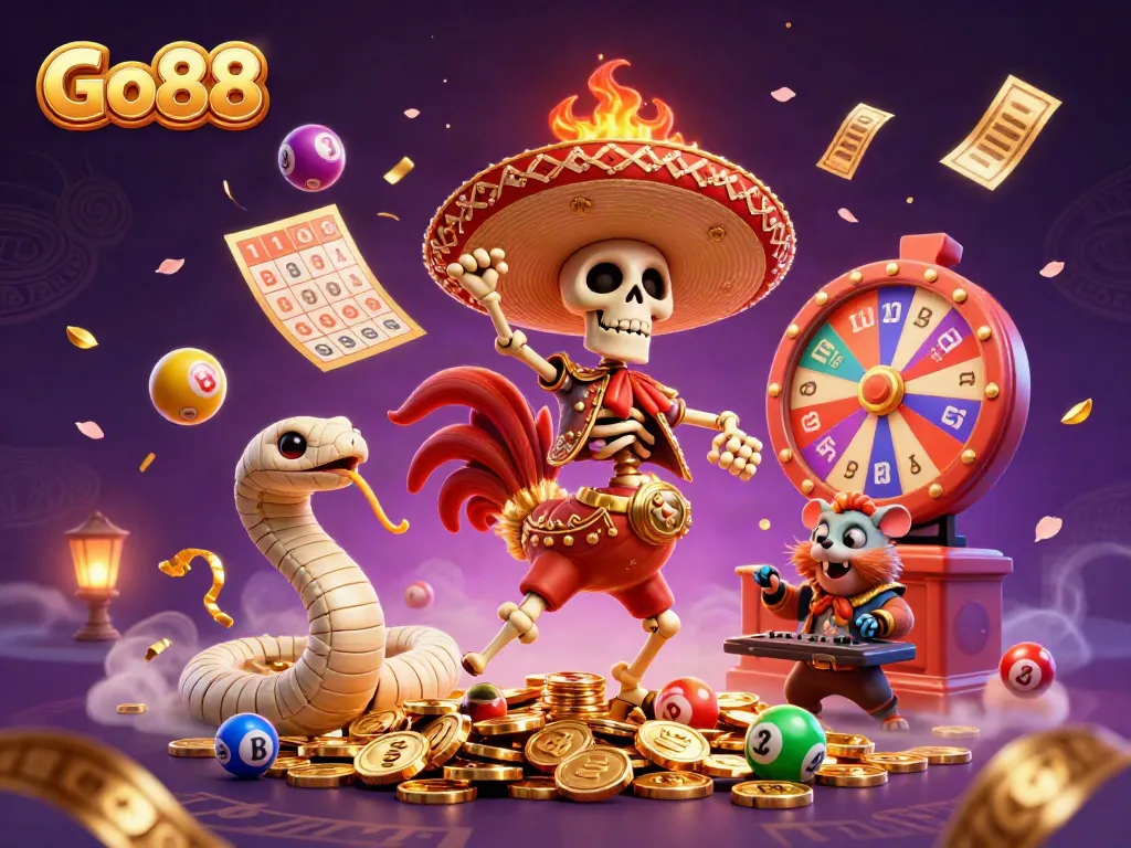 Join the excitement at Go88 with vibrant characters amidst a celebration of games and luck.