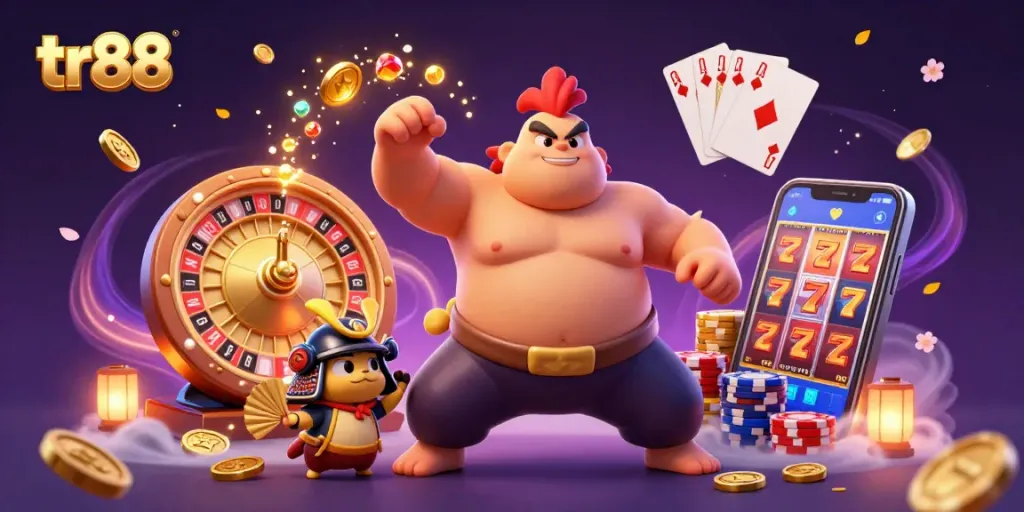 Watch the dynamic scene of tr88 with a sumo rooster, samurai cricket, and tanuki announcer amidst cascading coins and a roulette wheel.