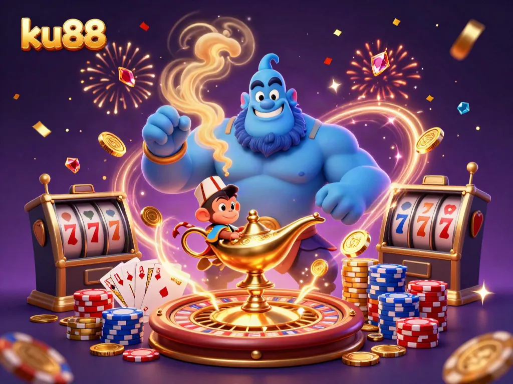 ku88 genie bursts with casino treasures and gaming symbols in a vibrant celebration.