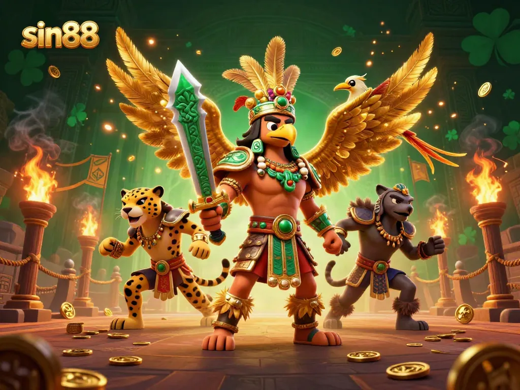 Engage in thrilling action with sin88 featuring Aztec warriors, golden tokens, and dynamic casino elements.