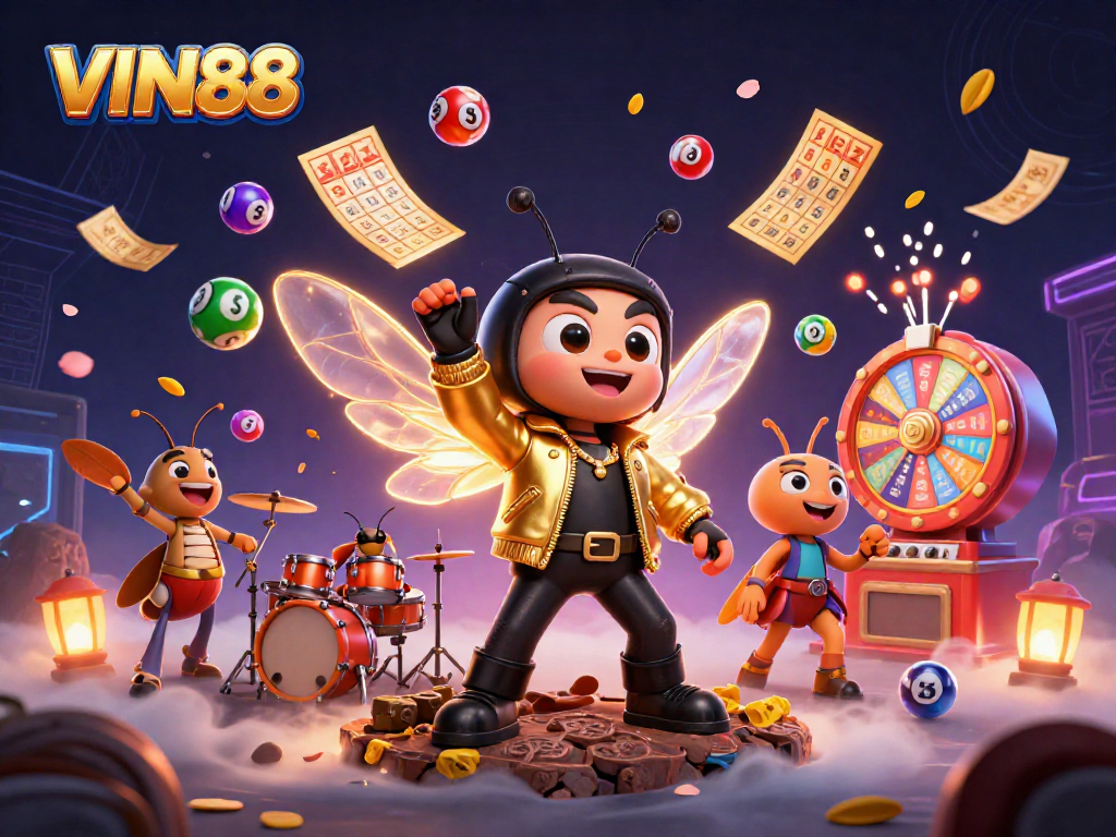 Experience thrilling games at VIN88 with a cartoon rock star, drums, and vibrant casino elements.