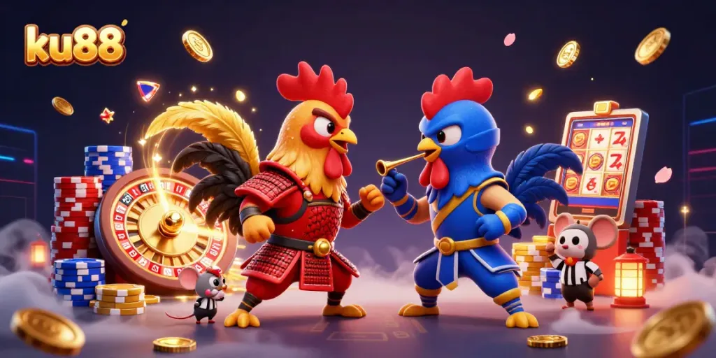 Engage in thrilling cockfighting and casino excitement at ku88 with vibrant 3D roosters and dynamic game elements.