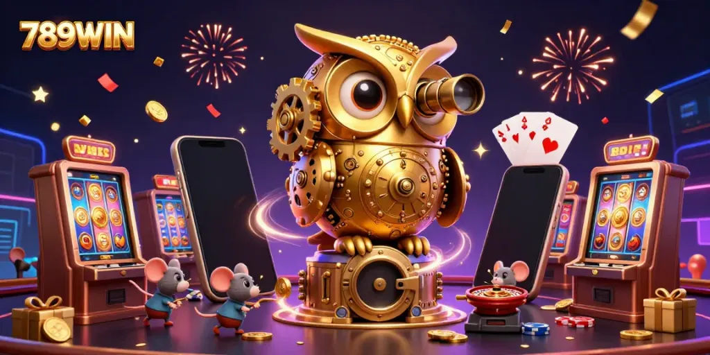 Experience the vibrant and lively 789WIN casino world with golden owl and animated mice amid colorful slot game excitement.