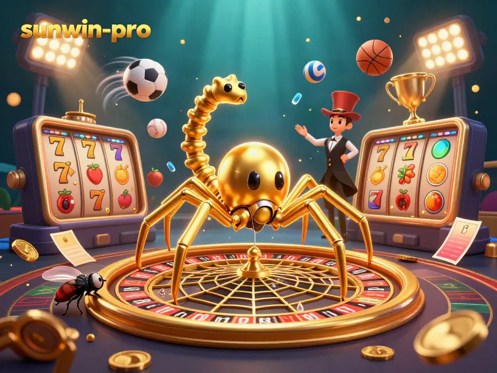 Experience thrilling bets at sunwin-pro with a golden roulette wheel surrounded by playful characters.