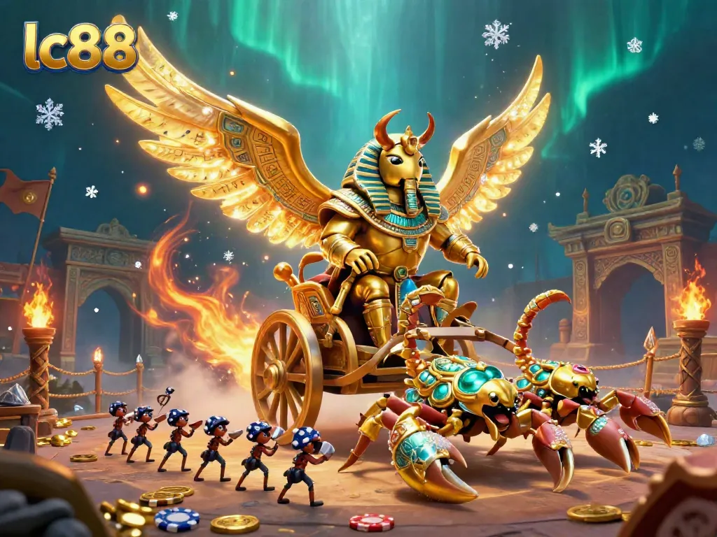 Experience thrilling lc88 action with a colossal golden scarab and scorpions in a vibrant casino arena.
