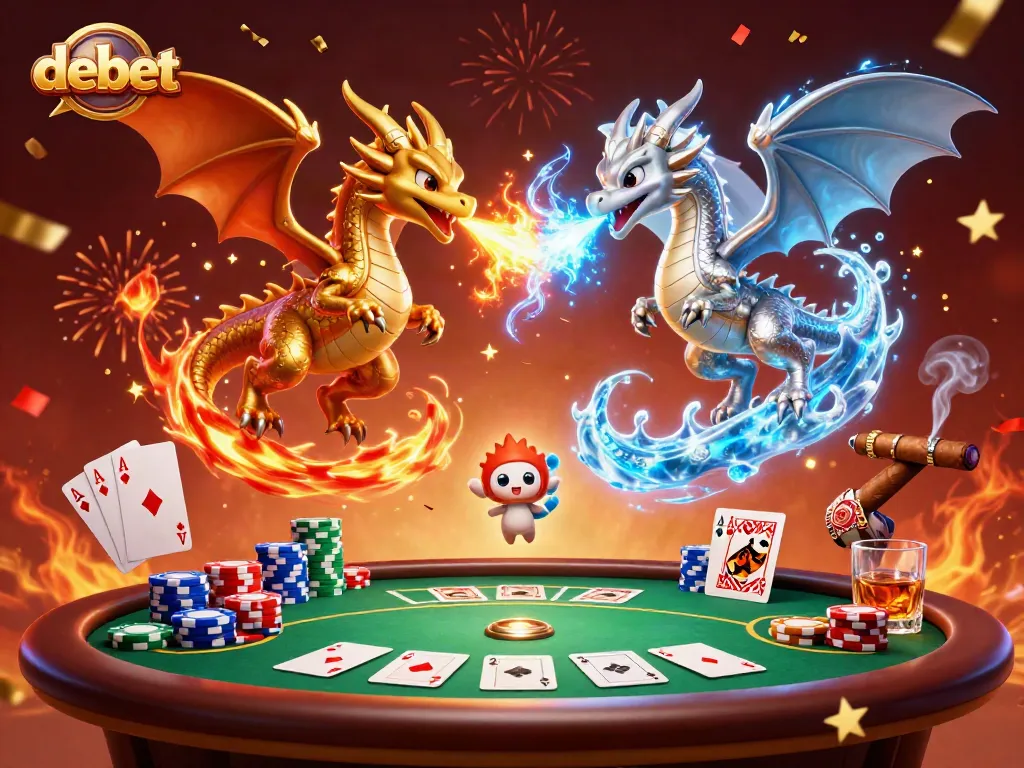 Experience the excitement of debet betting with vibrant dragons and poker elements.
