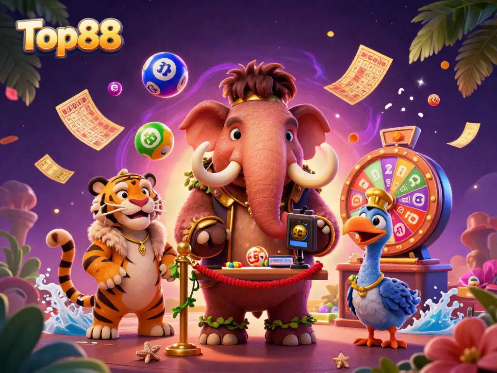 Experience excitement at Top88 as a colorful scene showcases a woolly mammoth bouncer and unique guests.