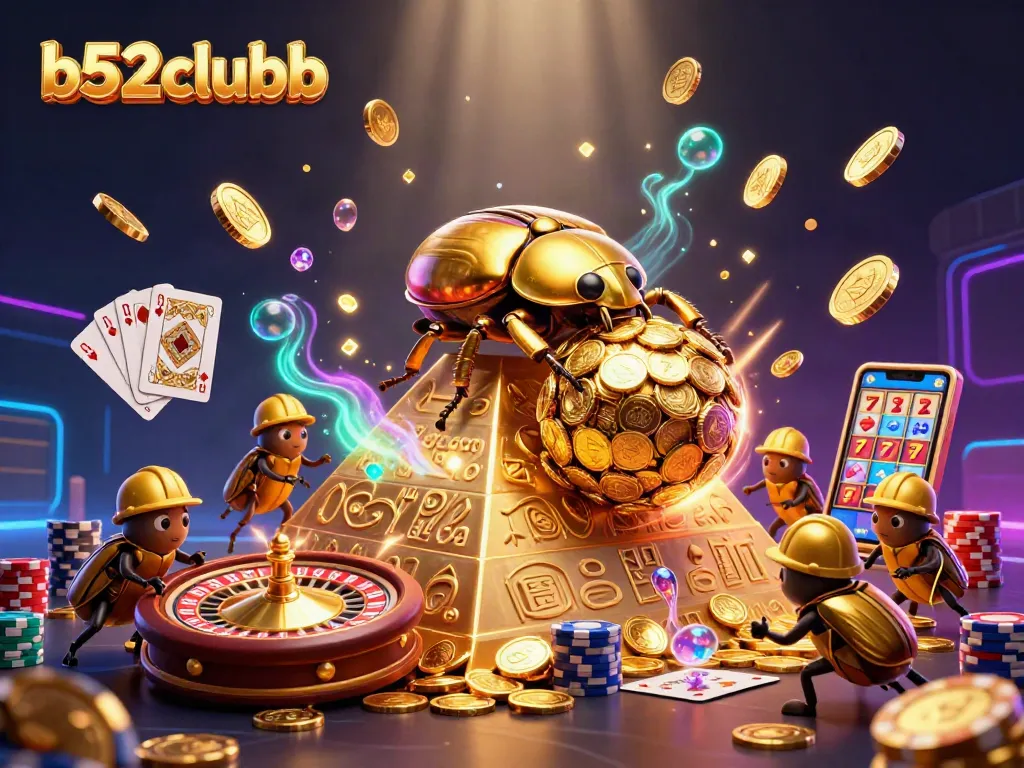 Engage with the excitement of b52clubb through a vibrant casino-themed 3D illustration featuring dynamic gaming elements.