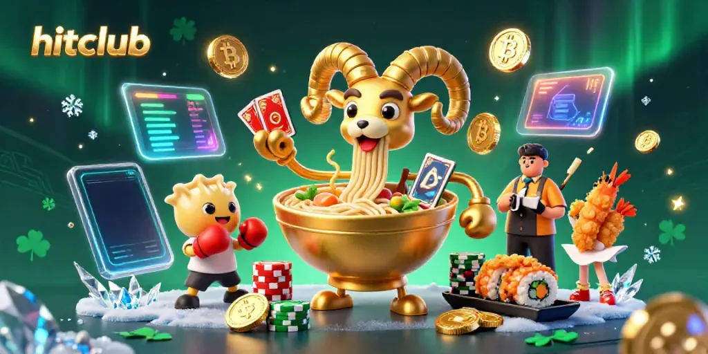 Engage with hitclub through vibrant 3D illustration featuring a golden ramen bowl dealer and dynamic game elements.