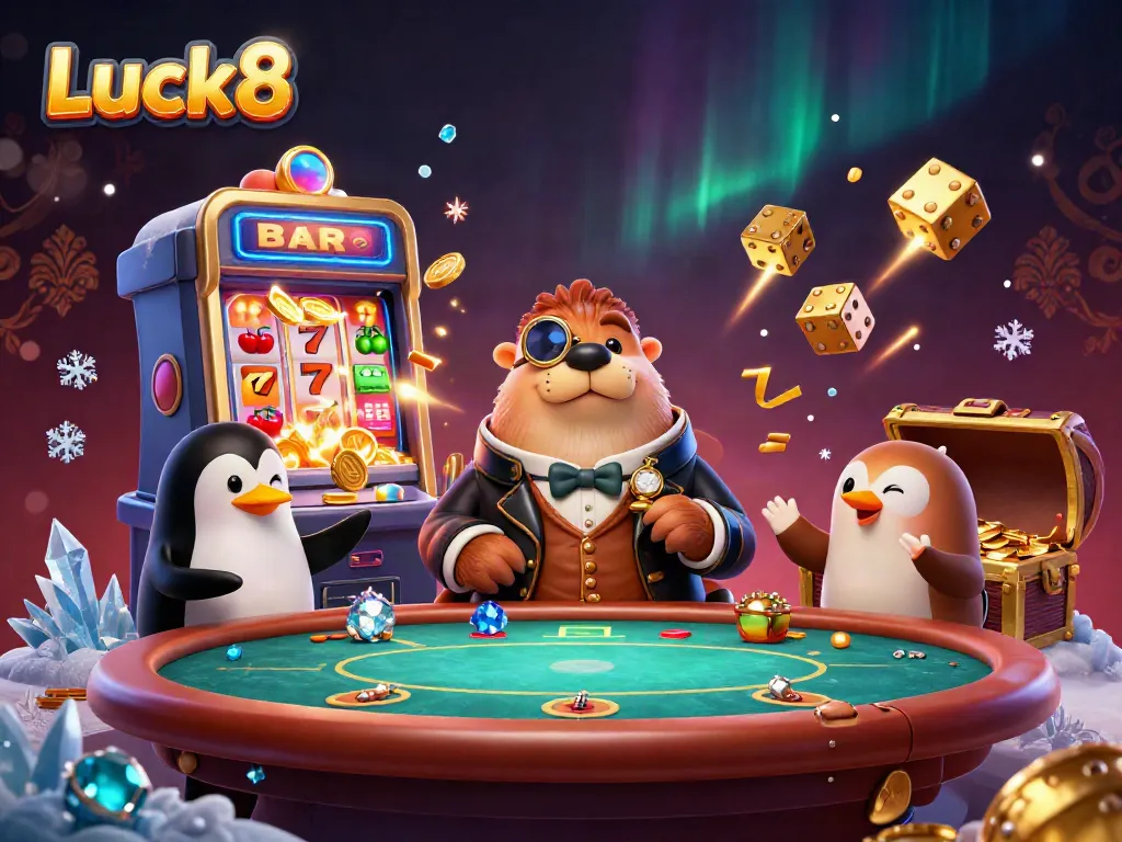Luck8's vibrant underwater casino scene highlights a jolly walrus, penguin dealer, and pufferfish player among colorful slot machines, capturing excitement.