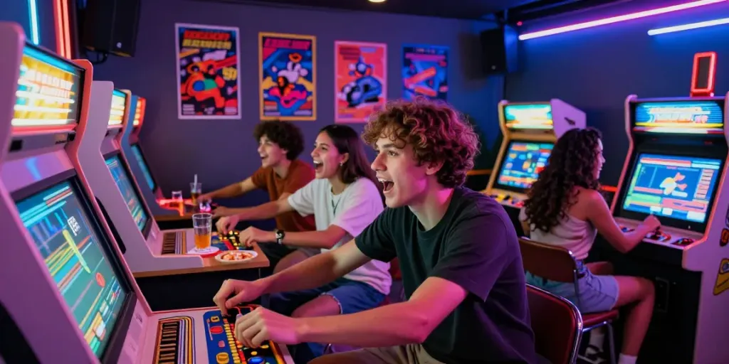 Group enjoying PECAH404 arcade games in a vibrant retro room, highlighting classic gaming excitement.