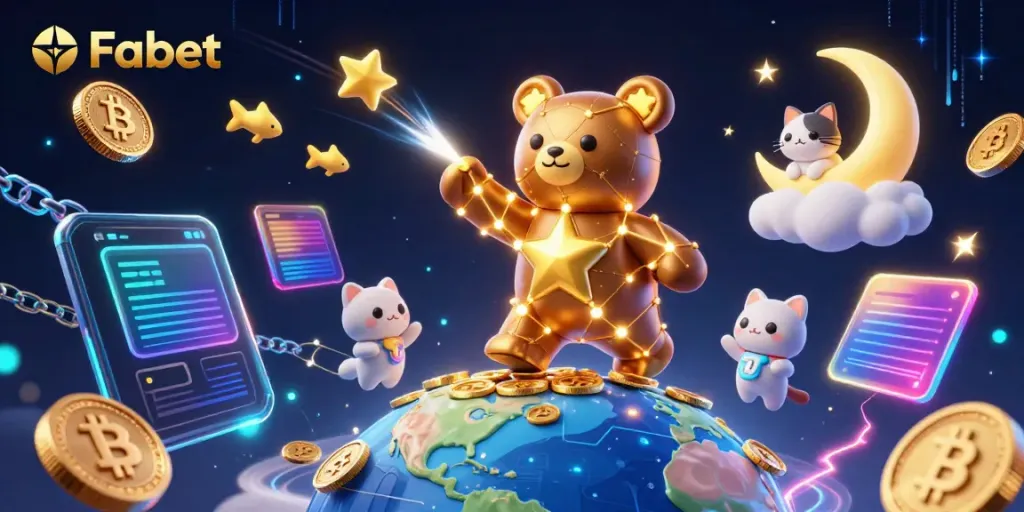 Experience Fabet's vibrant online casino world with golden stars and crypto elements as you play.