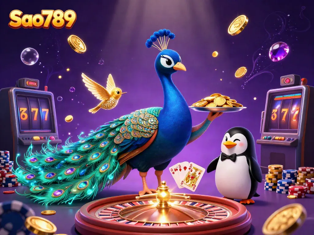 Sao789 offers thrilling casino experiences with a vibrant showcase of gaming elements in a dynamic scene