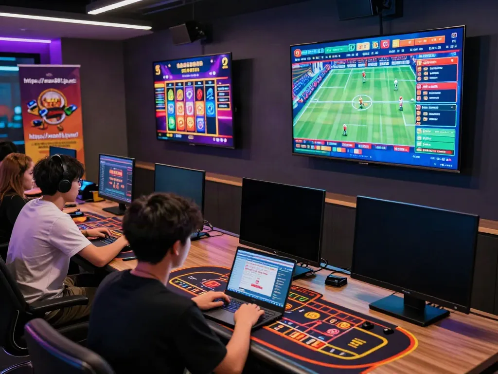 Exciting gaming lounge scene at https://man881.jp.net/ with players enjoying virtual casino games in a colorful environment.