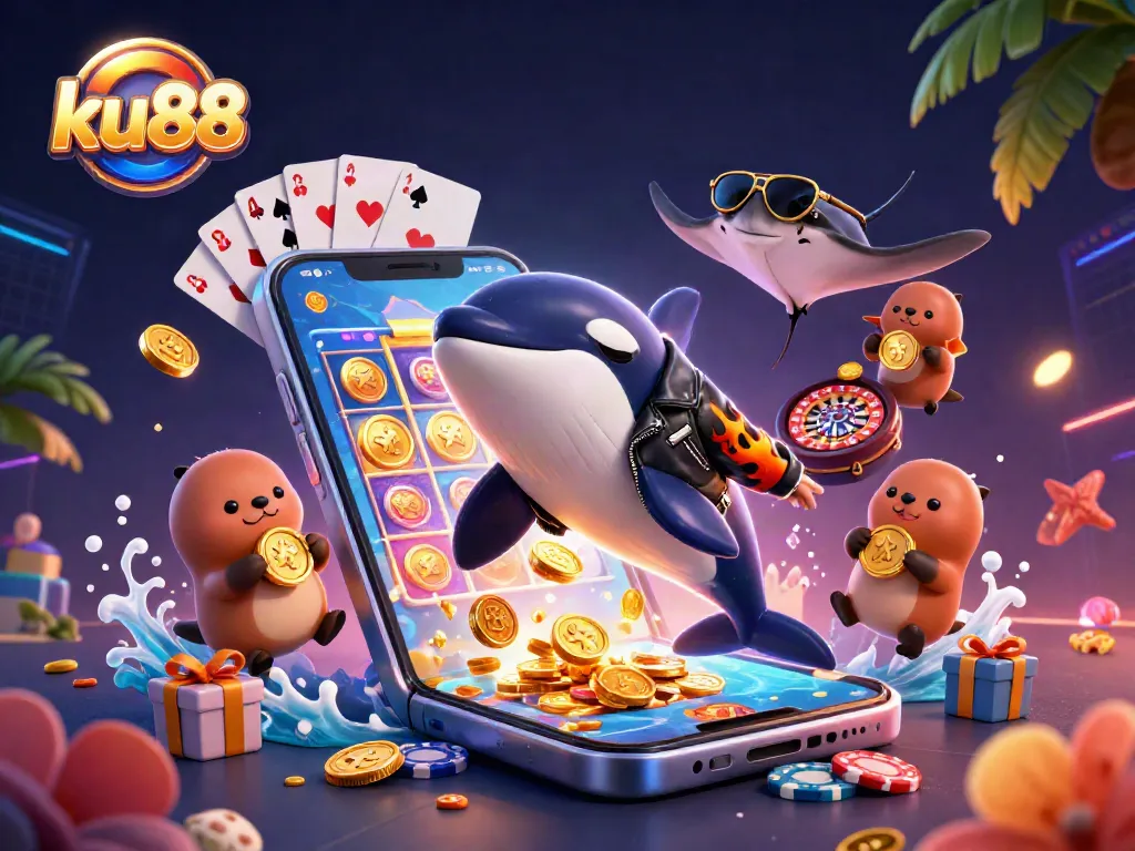 ku88 engages players with colorful slot thrills and dynamic characters in a vibrant 3D casino scene.