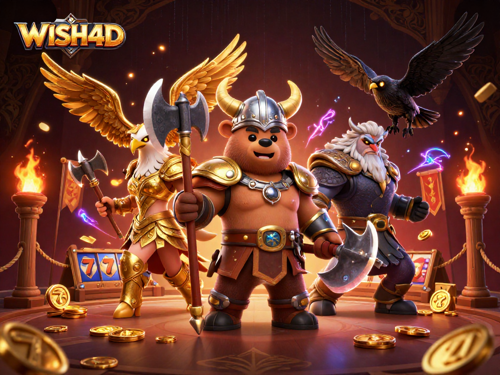 Win big with WISH4D in a vibrant 3D cartoon casino illustration featuring dynamic characters and thrilling elements.