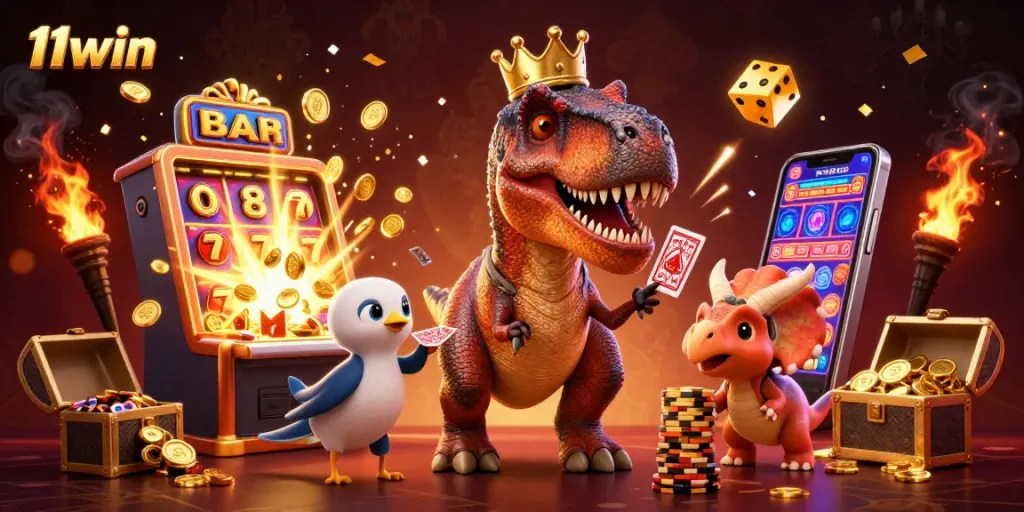 Win big with 11win at the vibrant casino scene featuring 3D cartoon characters and a slot machine.