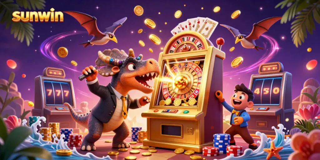 sunwin features a cartoon dinosaur celebrating jackpot wins at a casino filled with coins