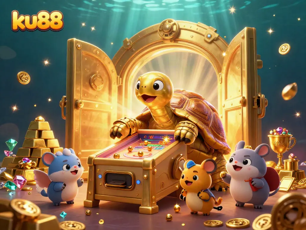 Experience the excitement of ku88 with a vibrant 3D illustration of a colossal golden tortoise casino scene.
