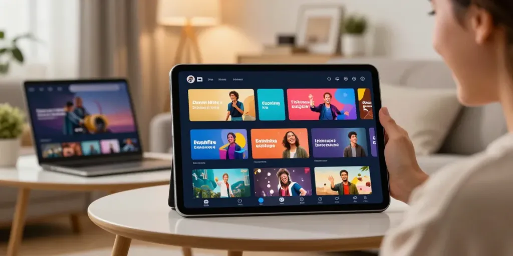 User enjoying the bangau88 digital entertainment platform on a tablet in a cozy living room.